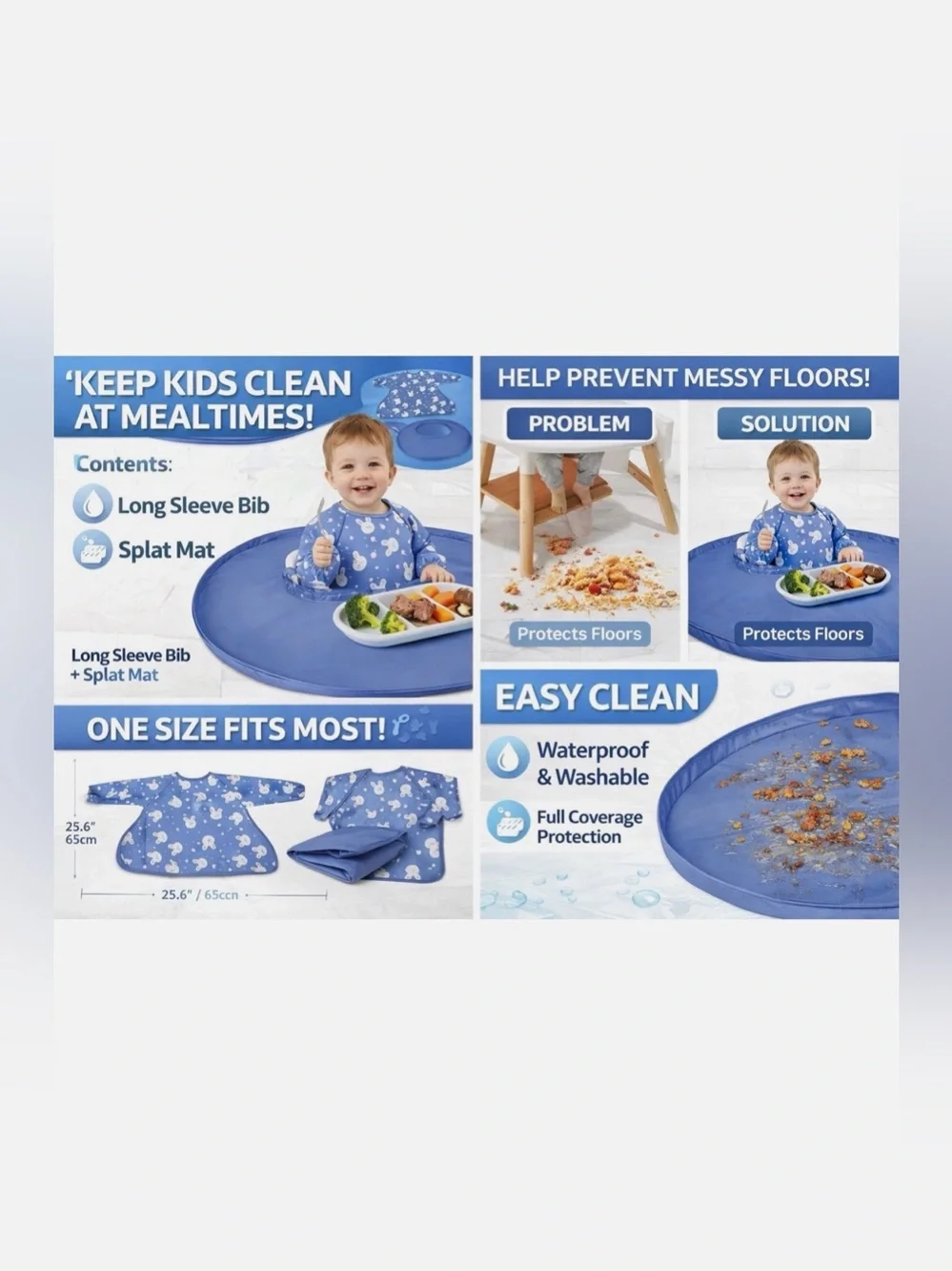 Waterproof Blue Baby Bib Smock with Sleeves - Free Size (6 Months - 3 Years)